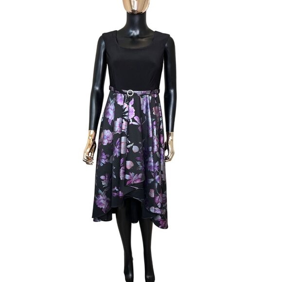 R&M Richards Petite 4 Black Purple Floral Fit & Flare Belted Holiday Party Dress - Picture 2 of 12